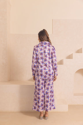 Pastel satin co-ord with floral design, perfect for stylish loungewear.