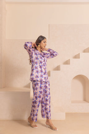 Pastel satin co-ord set with floral design and stylish silhouette.