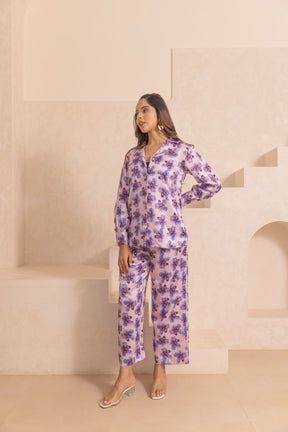 Pastel satin co-ord set with floral design, stylish and elegant.