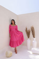 Stylish pink butta cotton maxi dress for women, perfect for summer.