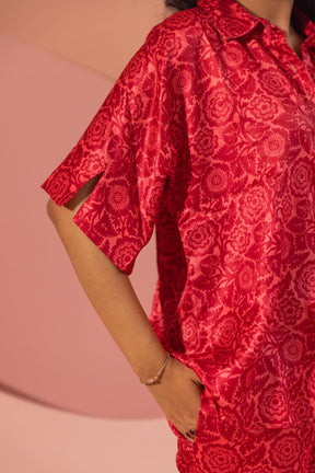 Stylish pink satin co-ord set with floral pattern, perfect for casual wear.