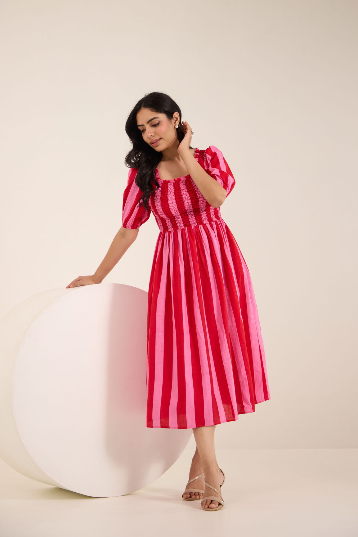 PINK STRIPED COTTON SMOCKED MAXI
