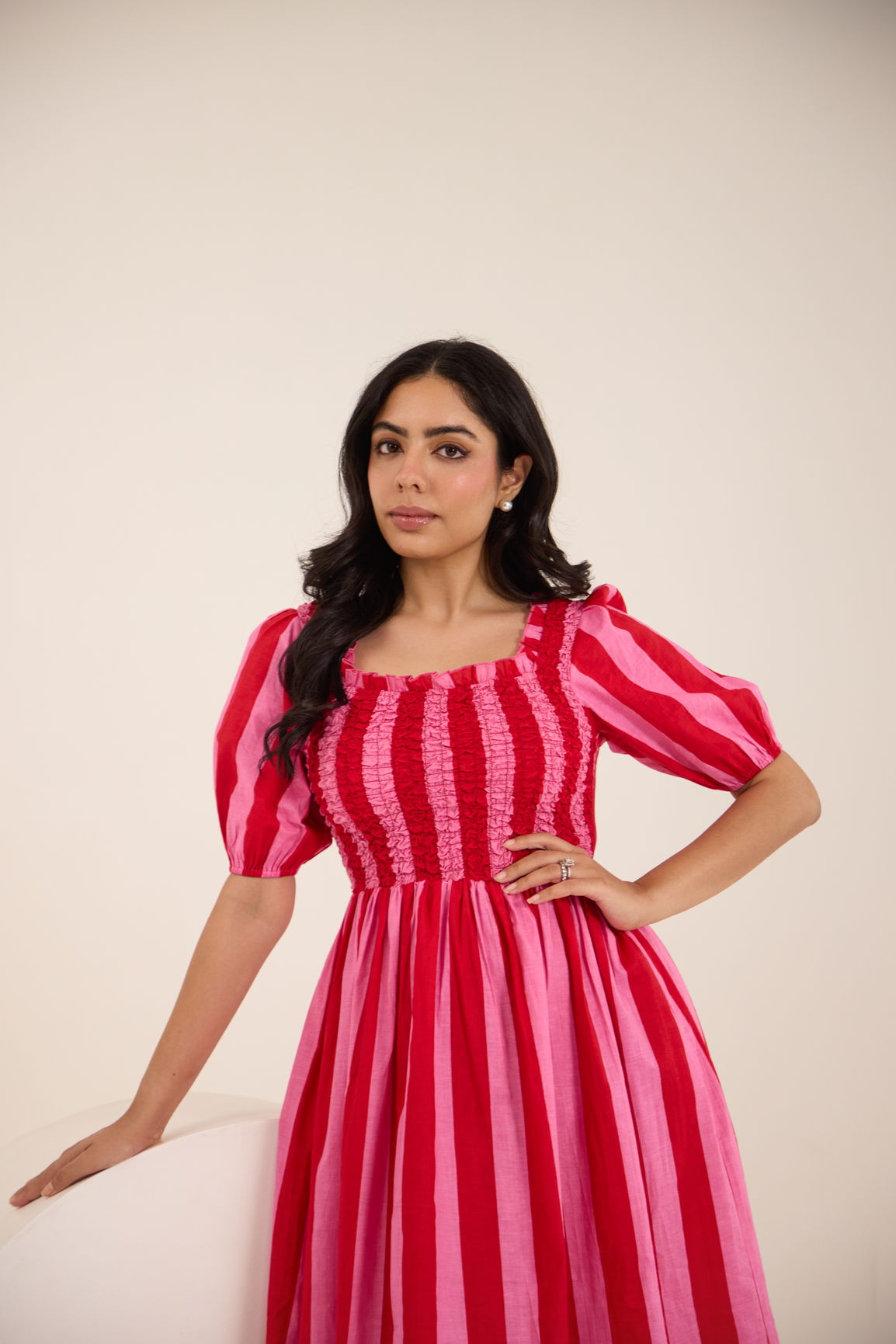 PINK STRIPED COTTON SMOCKED MAXI