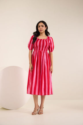 PINK STRIPED COTTON SMOCKED MAXI