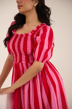 PINK STRIPED COTTON SMOCKED MAXI