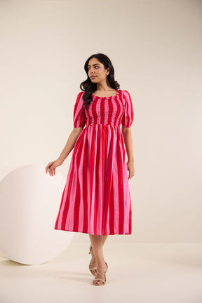 PINK STRIPED COTTON SMOCKED MAXI