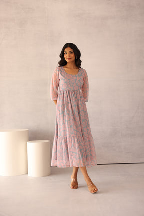 Grey and pink floral maxi dress for women, stylish and elegant.