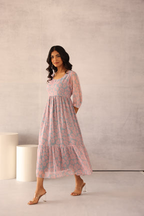 Grey and pink floral maxi dress for stylish summer outings.