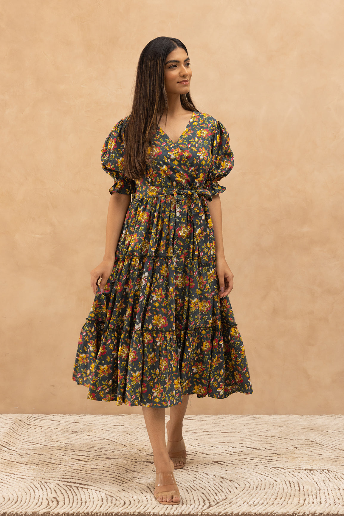 GREEN FLORAL COTTON MAXI DRESS