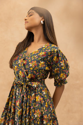 GREEN FLORAL COTTON MAXI DRESS