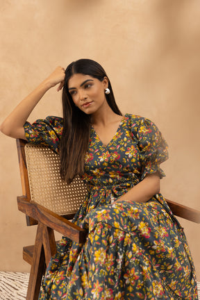 GREEN FLORAL COTTON MAXI DRESS
