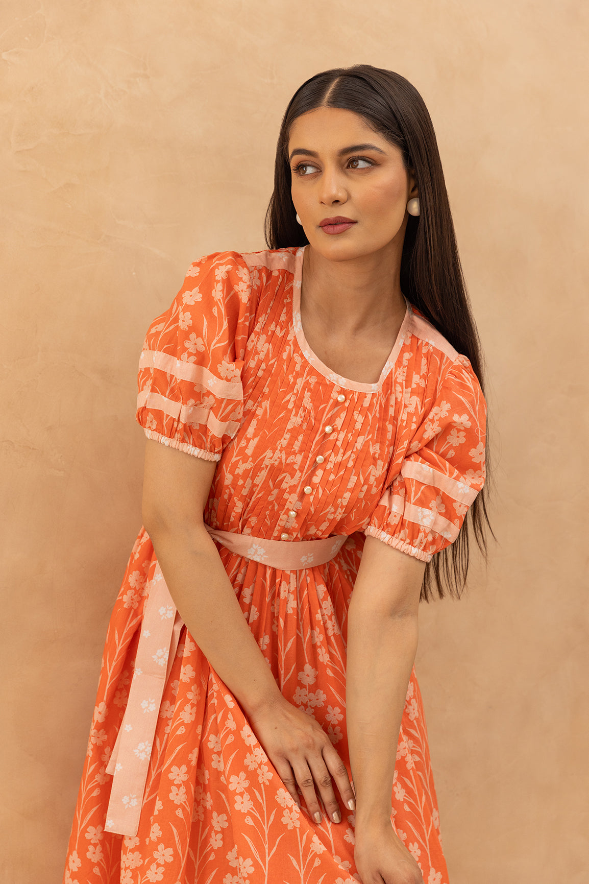 ORANGE PINTUCK COTTON DRESS