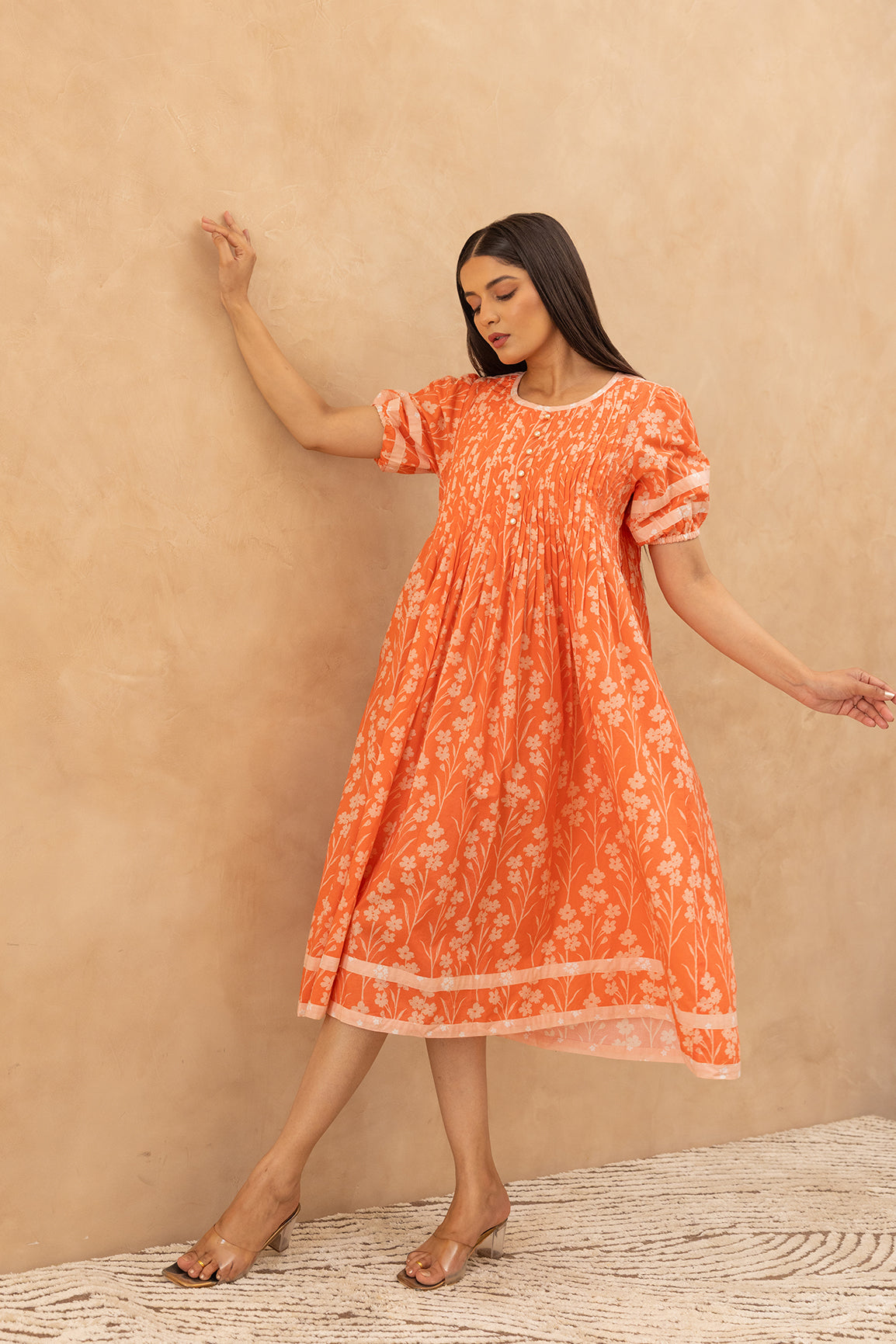 ORANGE PINTUCK COTTON DRESS