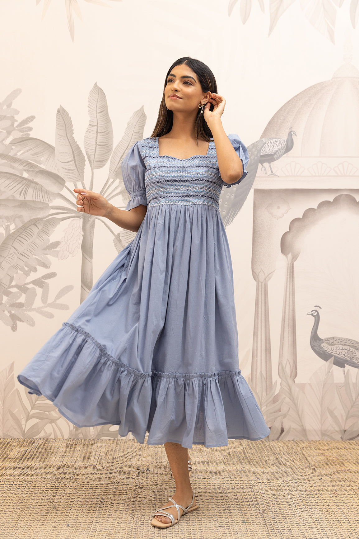 POWDERED BLUE SMOCKED COTTON MAXI