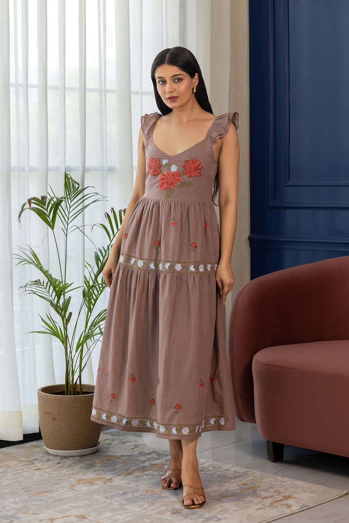 UMBER EMBROIDERY MAXI DRESS