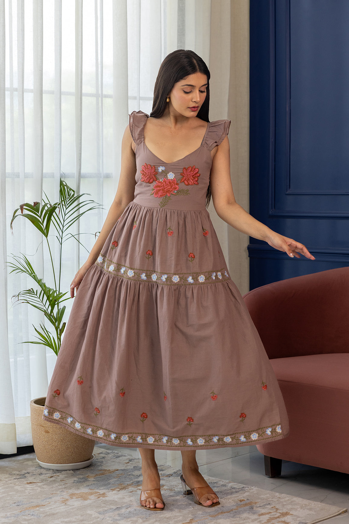 UMBER EMBROIDERY MAXI DRESS