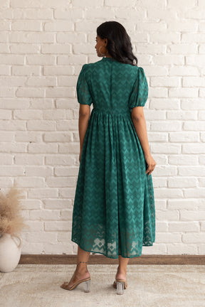 Green Butta Maxi dress back view, stylish Polago Plus design.