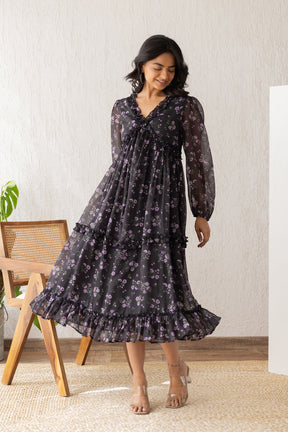 Black and lavender chiffon maxi dress from Polago Plus collection.