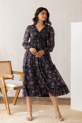 Black and lavender chiffon maxi dress with ruffles and floral design.
