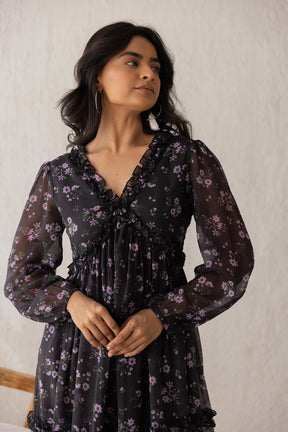 Black and lavender chiffon maxi dress with floral pattern.