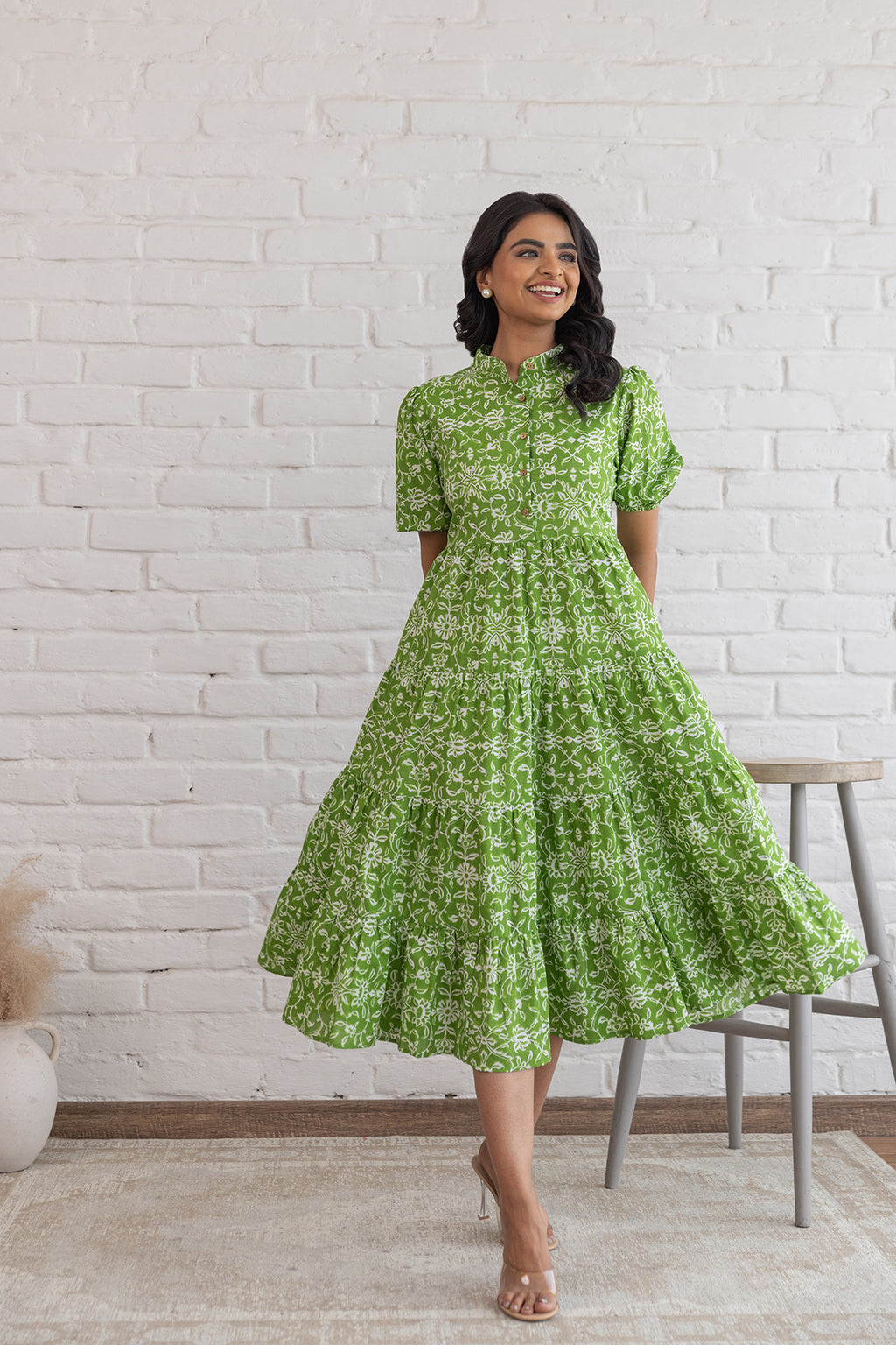 green pattern dress Chic 60s Style Shades of Floral the Limerick Dress is the most comfortable and versatile green midi dress you may ever own Green Cotton Maxi Dress
