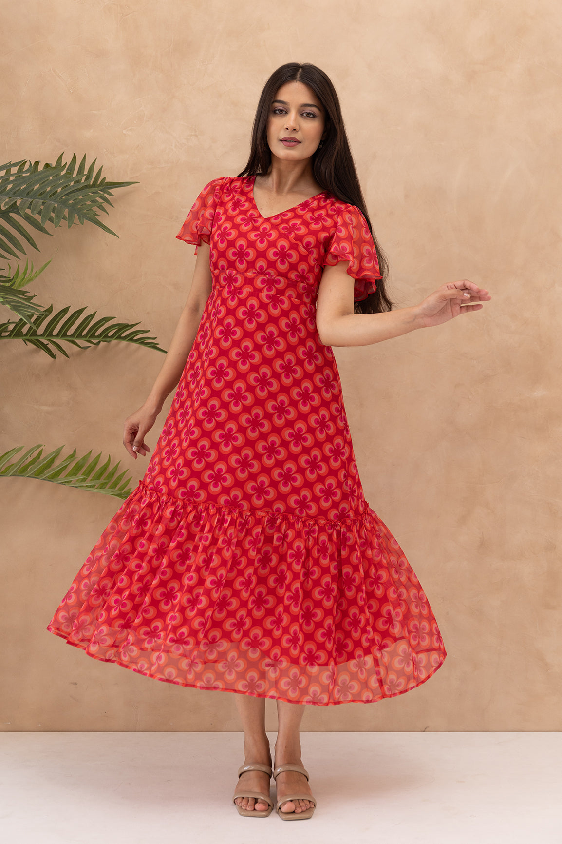 RED CHIFFON GEOMETRIC MAXI