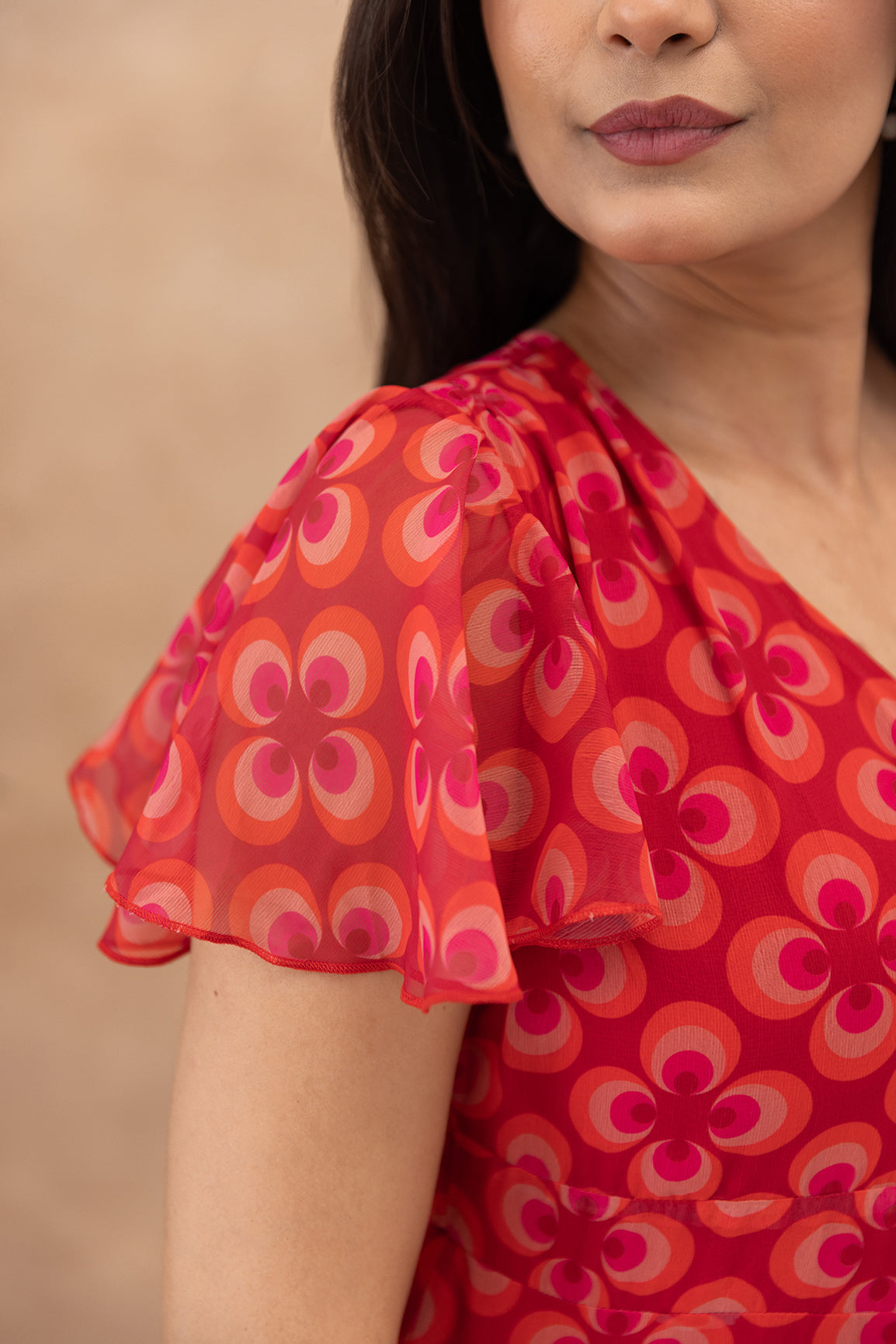 RED CHIFFON GEOMETRIC MAXI