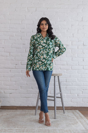Stylish green cotton shirt top with floral pattern, perfect for casual wear.