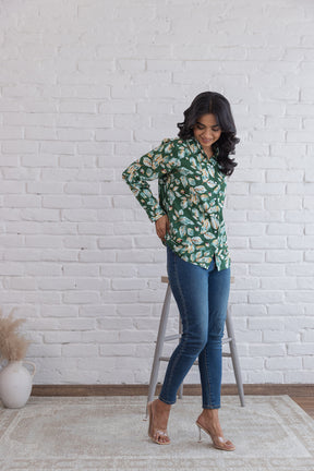 Stylish green cotton shirt top with floral print, perfect for casual wear.