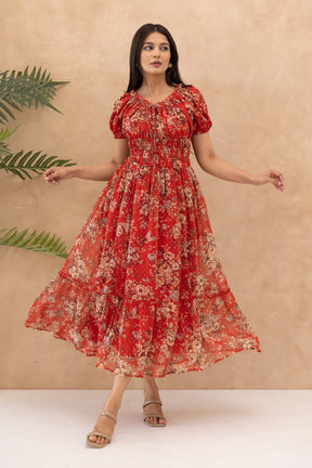 RED FLORAL SMOCKED MAXI