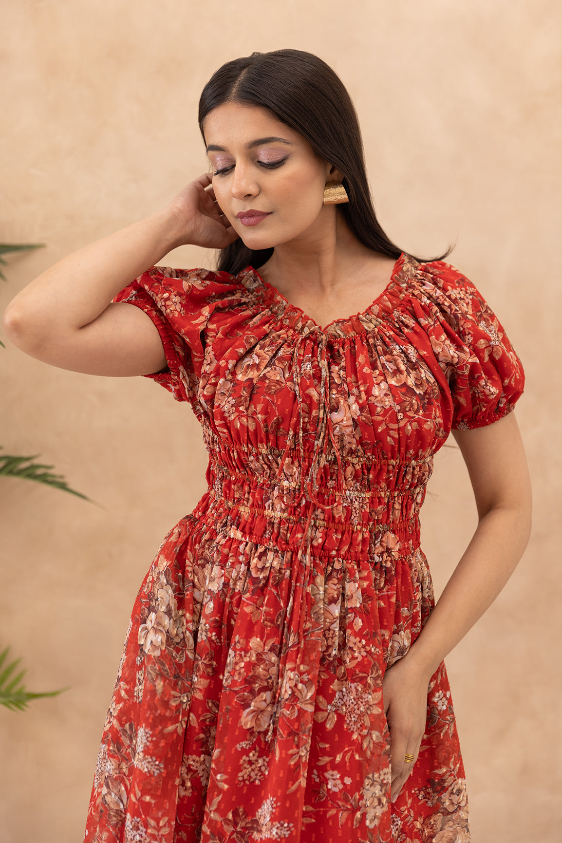 RED FLORAL SMOCKED MAXI