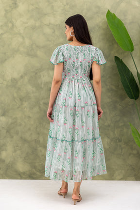 STRIPED & FLORAL SMOCKED MAXI