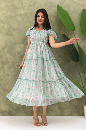 STRIPED & FLORAL SMOCKED MAXI