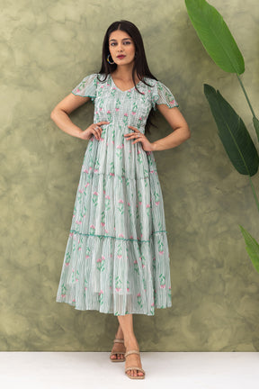 STRIPED & FLORAL SMOCKED MAXI