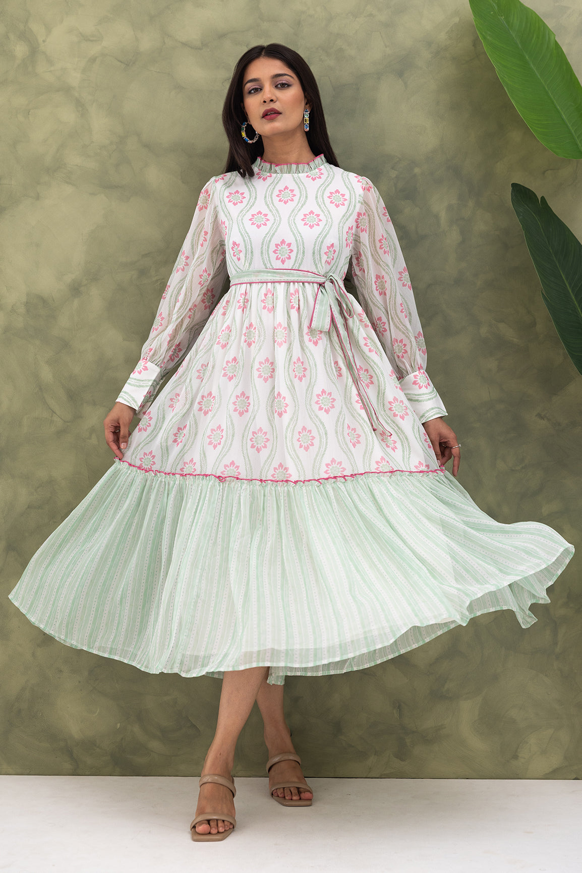 GREEN & PINK PRINTED MAXI DRESS