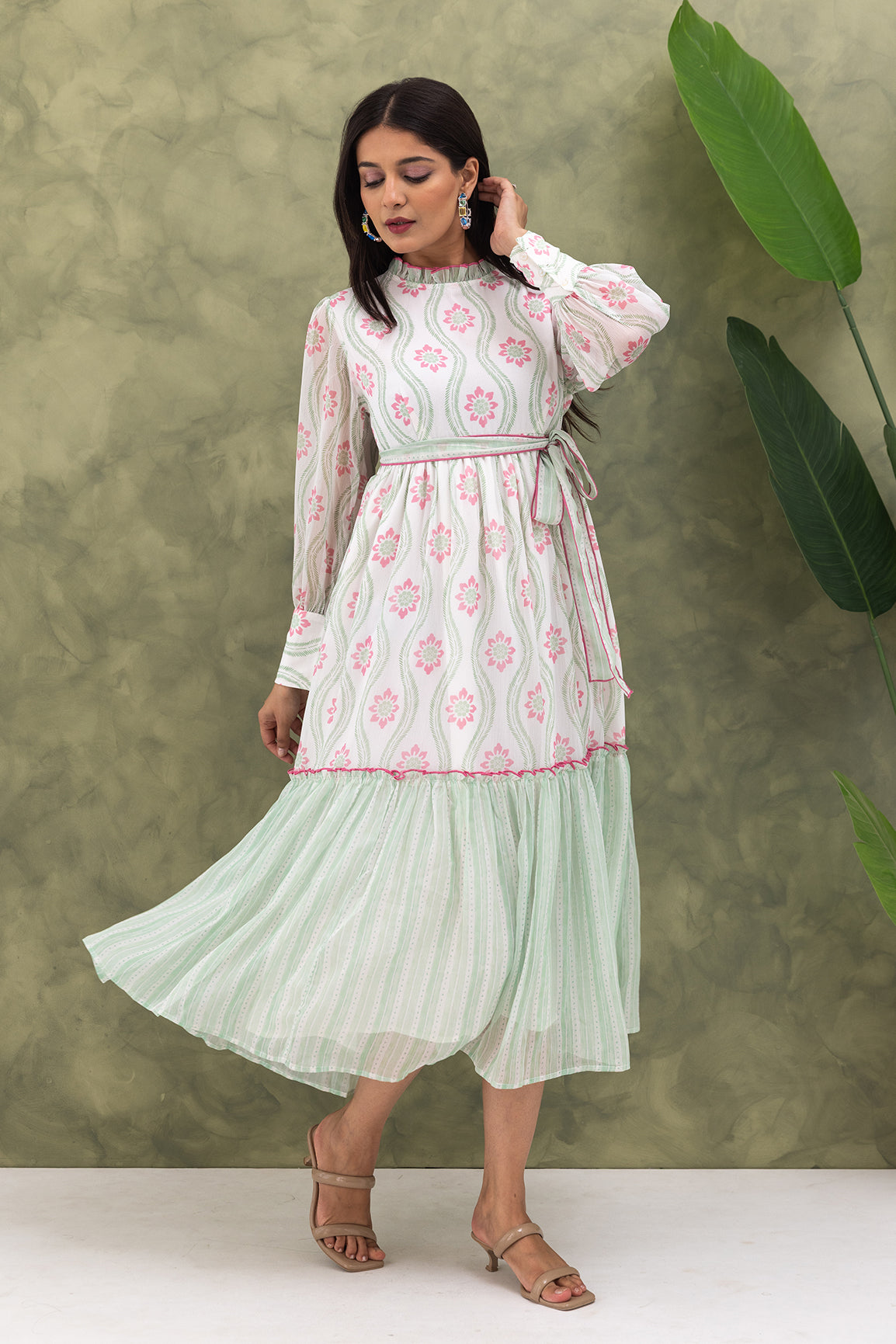 GREEN & PINK PRINTED MAXI DRESS