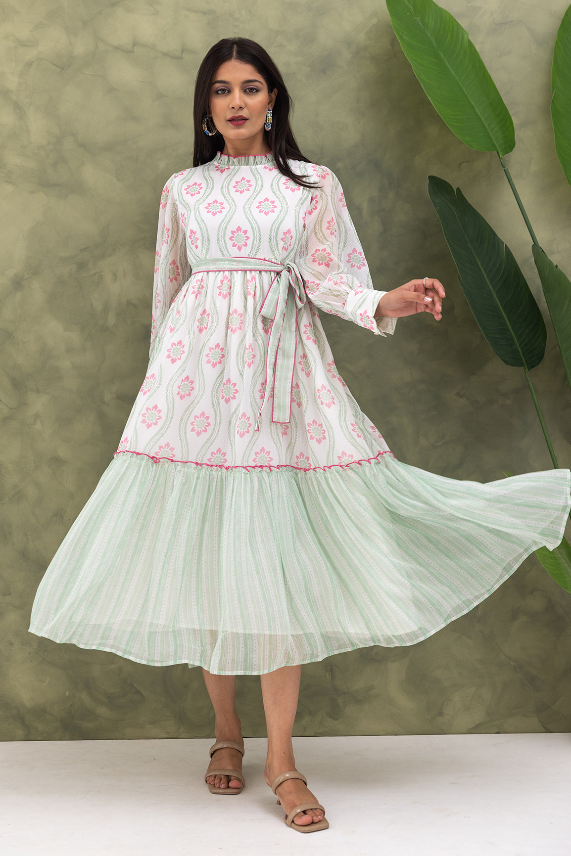 GREEN & PINK PRINTED MAXI DRESS