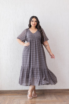 Grey jacquard maxi dress from Polago Plus for stylish comfort.