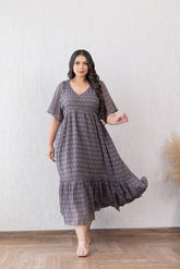 Elegant grey jacquard maxi dress from Polago Plus, perfect for any occasion.