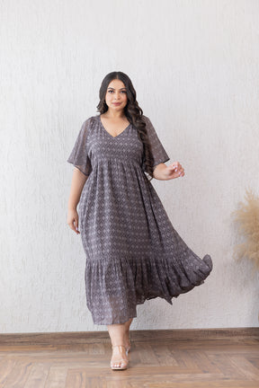 Elegant grey jacquard maxi dress from Polago Plus, perfect for any occasion.