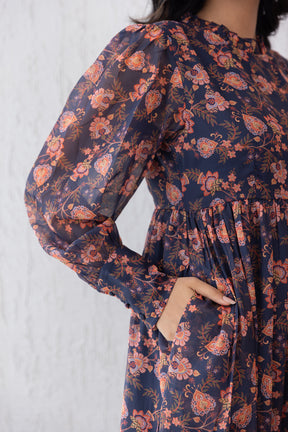 Floral long-sleeve maxi dress with closed neck detail.
