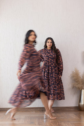 "MOTIF CLOSED NECK MAXI dress in floral print, stylish maxi dress fashion."