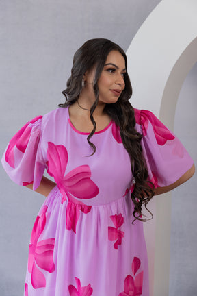 Elegant pink floral maxi dress for women by Polago Plus.