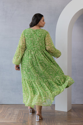 Elegant green and yellow floral maxi dress for women.