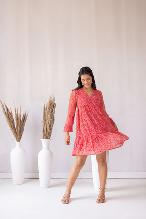 RED FLARED MIDI DRESS