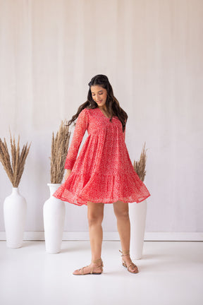RED FLARED MIDI DRESS