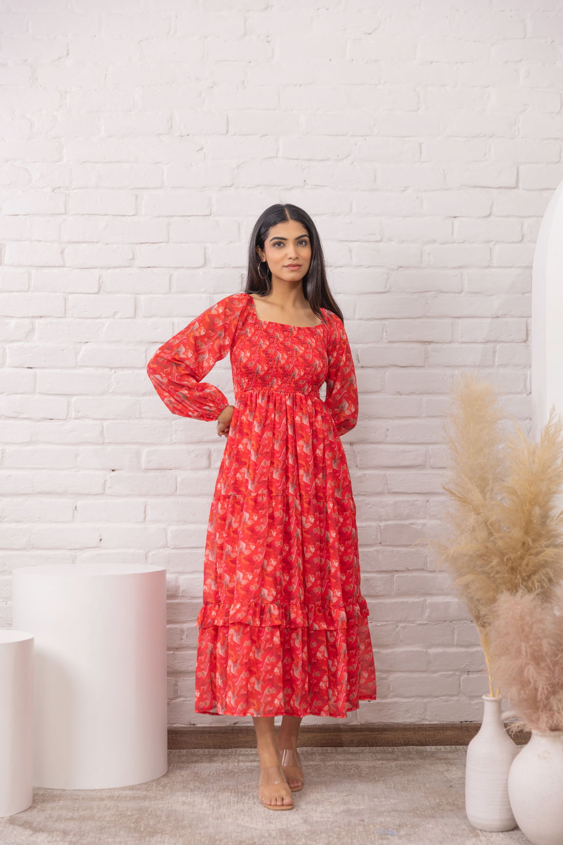 RED SMOCKED PRINTED MAXI
