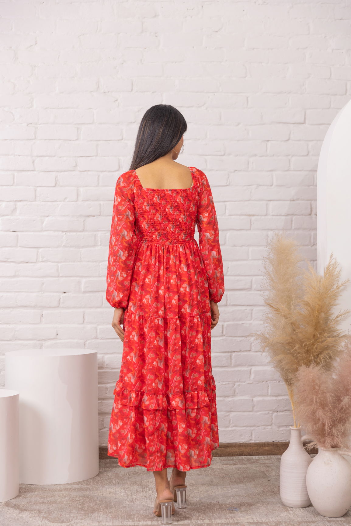 RED SMOCKED PRINTED MAXI