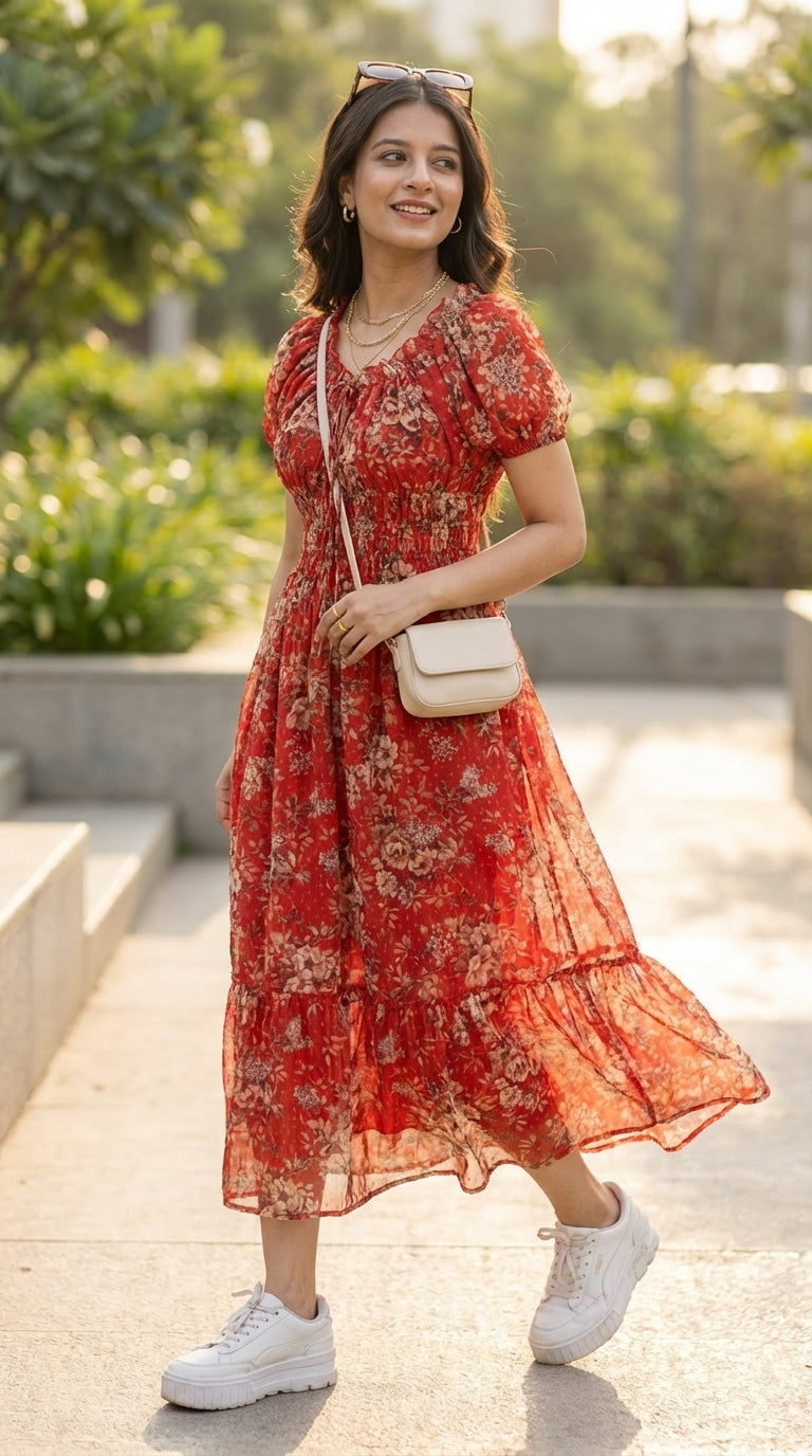 RED FLORAL SMOCKED MAXI