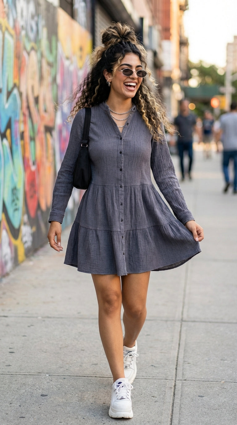 GREY DENIM MIDI DRESS